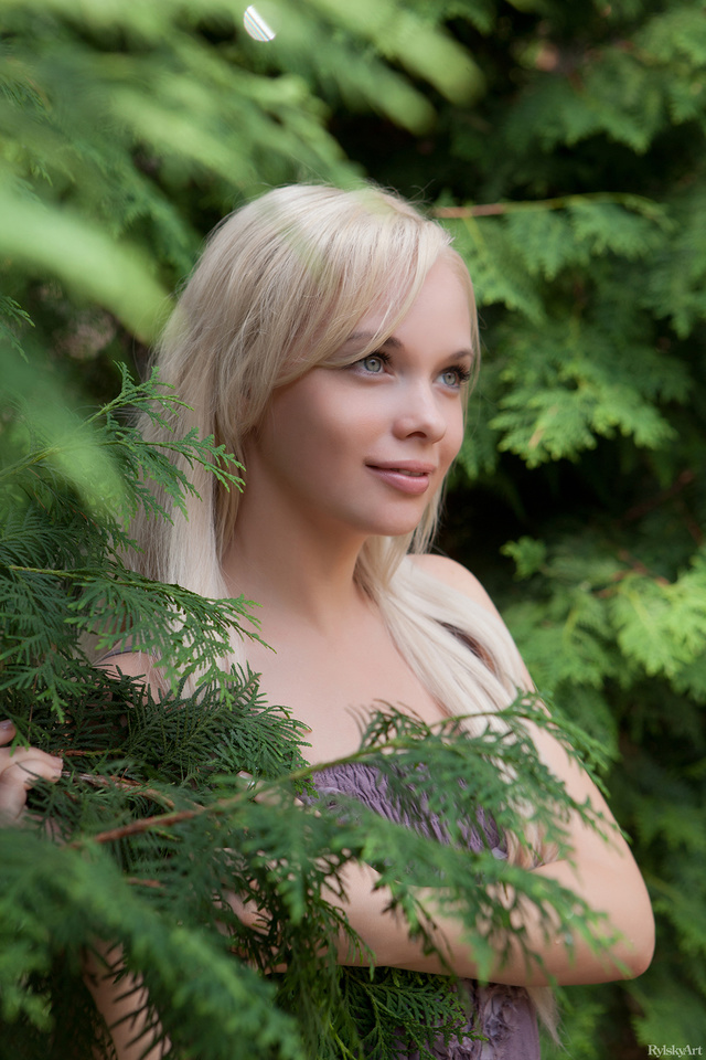 'Young Blonde Beauty Feeona A Taking a Walk in a Little Purple Dress via Rylsky-Art' with Feeona A via Rylsky Art - Pic #1